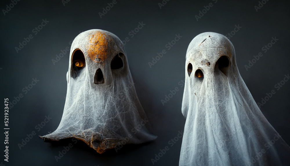 Spooky ghost face with pumpkin lantern in Halloween party background.