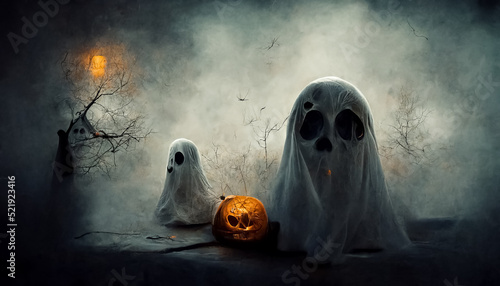 Spooky ghost face with pumpkin lantern in Halloween party background.