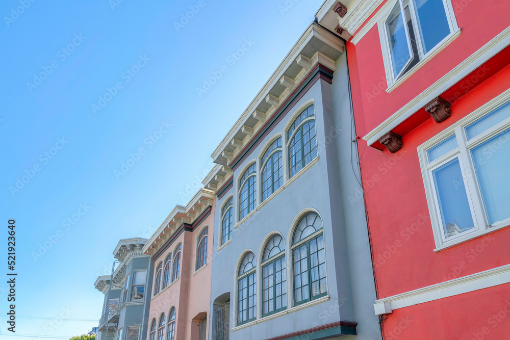 Complex houses with different wall colors in the suburbs of San Francisco, California
