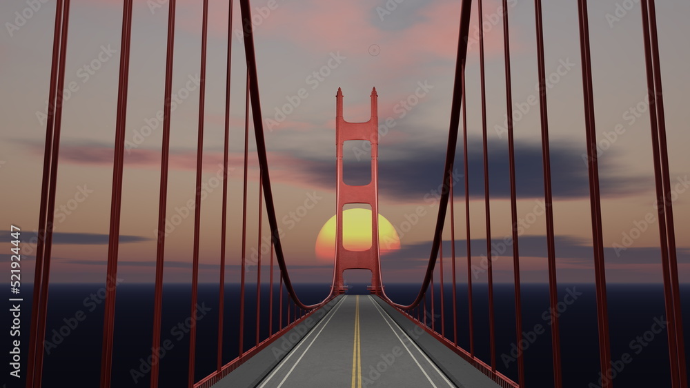 Big red suspension bridge at sunset, big yellow orange sunset over the horizon on the background of the bridge. 3d render