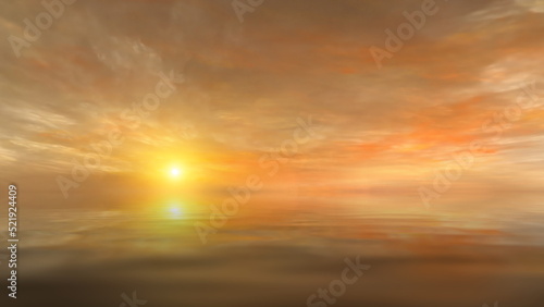 Sunset in sea, sun in waves of ocean. Fantastic sunset in summer on sea, sun melts in the waves. Clouds in rays of sun are reflected in the water. 3d render © angel_nt