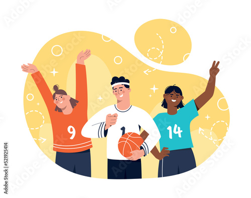 National sports day. Man with basketball and woman. Active lifestyle, fitness and sports. Poster or banner for website. Greeting postcard for international holidays. Cartoon flat vector illustration