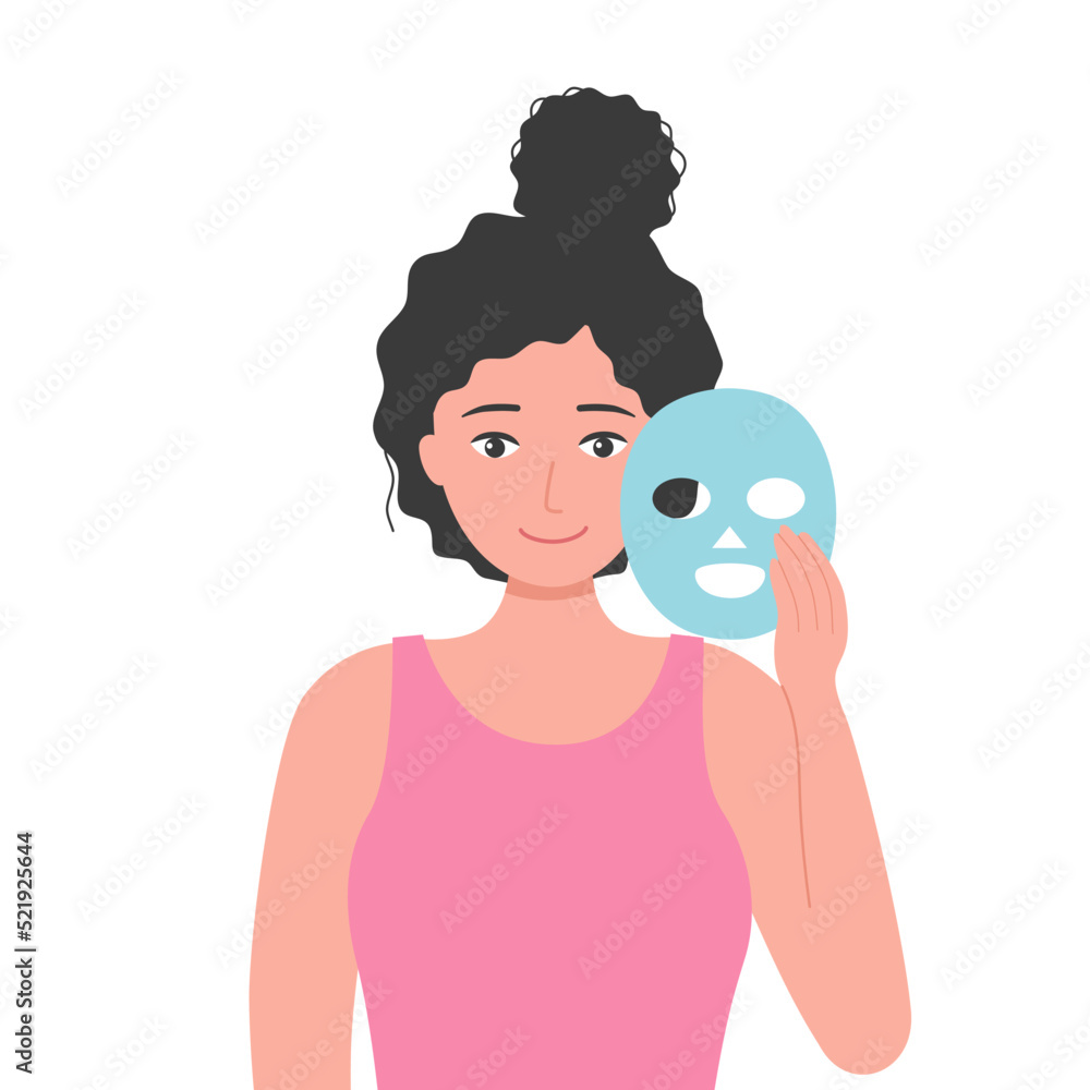 Young woman holding beauty face mask in flat design on white background. Skin care face mask. Young woman holding beauty face mask in flat design on white background. Skin care face mask.