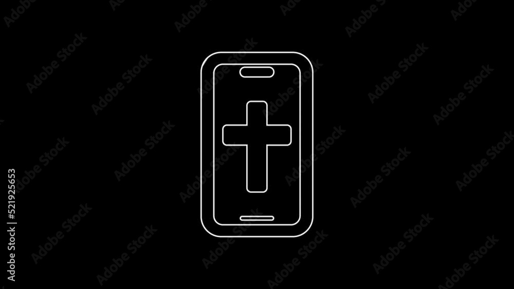 White line Christian cross on mobile phone icon isolated on black background. Church cross. 4K Video motion graphic animation White line Christian cross on mobile phone icon isolated on black background. Church cross. 4K Video motion graphic animation