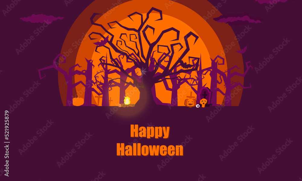 Happy Halloween poster of pumpkin on graveyard, full moon dark night and tombstone skeleton skull Halloween holiday greeting card vector design