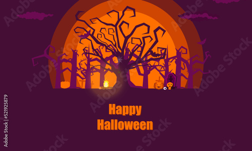 Happy Halloween poster of pumpkin on graveyard, full moon dark night and tombstone skeleton skull Halloween holiday greeting card vector design