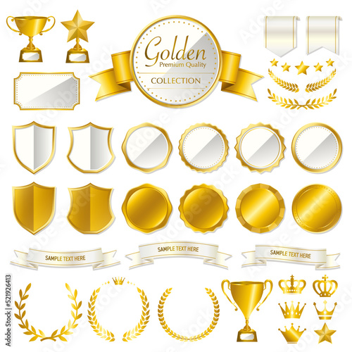 Foto ビンテージ, 金色のメダル,バッジ,リボン,王冠,トロフィーのイラスト,アイコンセット / 白,ホワイト,ホワイトゴールド