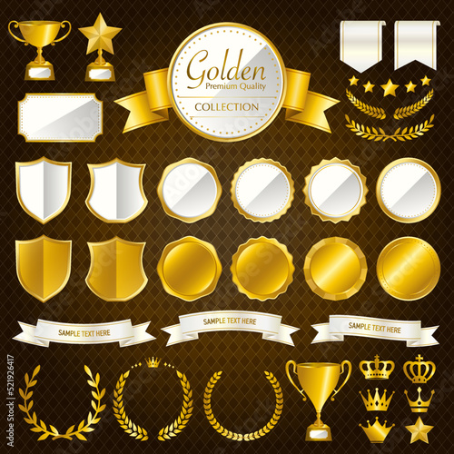ビンテージ, 金色のメダル,バッジ,リボン,王冠,トロフィーのイラスト,アイコンセット / 白,ホワイト,ホワイトゴールド