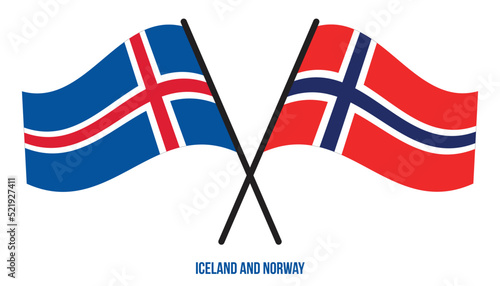 Iceland and Norway Flags Crossed And Waving Flat Style. Official Proportion. Correct Colors.