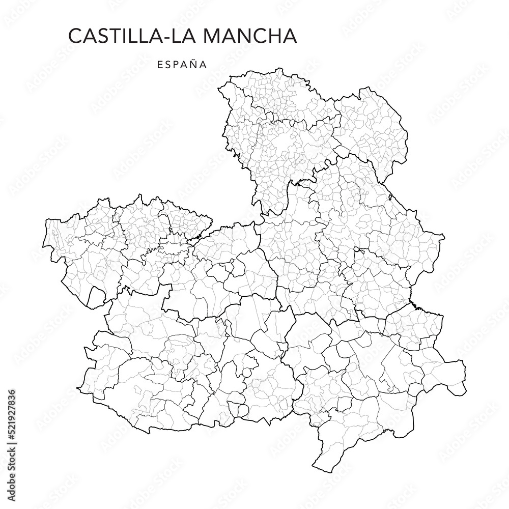 Geopolitical Vector Map of the Autonomous Community of Castile La Mancha with Provinces, Judicial Areas, Comarques and Municipalities (Municipios) as of 2022 - Spain