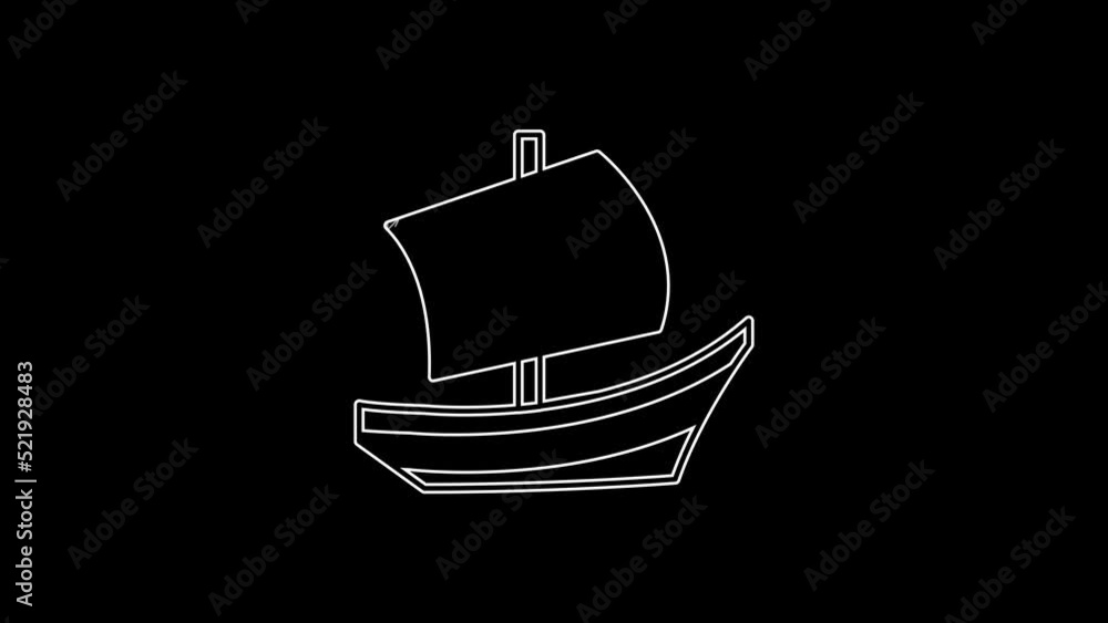 White line Egyptian ship icon isolated on black background. Egyptian papyrus boat. 4K Video motion graphic animation White line Egyptian ship icon isolated on black background. Egyptian papyrus boat. 4K Video motion graphic animation