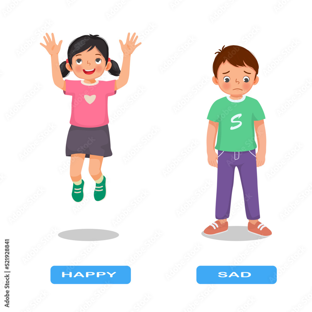Opposite adjective antonym words happy and sad illustration of little girl jumping and boy standing upset explanation flashcard with text label