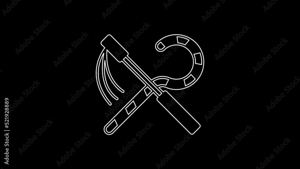 White line Crook and flail icon isolated on black background. Ancient Egypt symbol. Scepters of egypt. 4K Video motion graphic animation White line Crook and flail icon isolated on black background. Ancient Egypt symbol. Scepters of egypt. 4K Video motion graphic animation