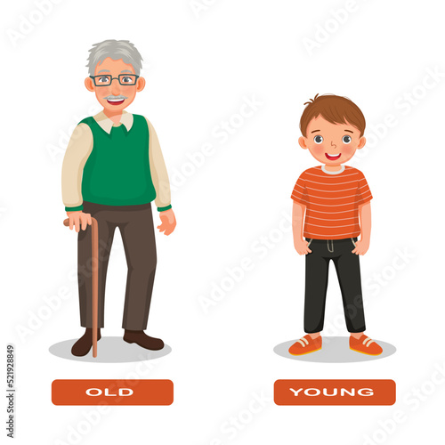 Opposite adjective antonym words old and young illustration of grandpa with little boy explanation flashcard with text label