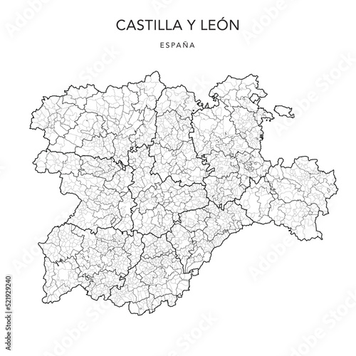 Geopolitical Vector Map of the Autonomous Community of Castile and León (Castilla y León) with Provinces, Judicial Areas (Partidos Judiciales), UBOST and Municipalities (Municipios) as of 2022 photo