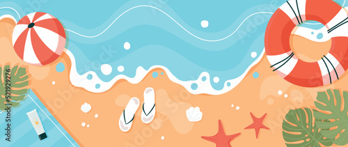 Summer beach background. Holidays in tropical and exotic countries. Sun umbrella, slippers. Ocean or sea, vacation and travel. Stylish wallpaper for phone or computer. Cartoon flat vector illustration