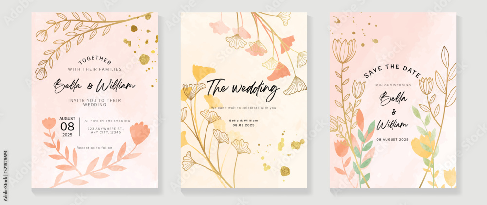 Naklejka premium Luxury fall wedding invitation card template. Watercolor card with gold line art, leaves branches, foliage. Elegant autumn botanical vector design suitable for banner, cover, invitation.