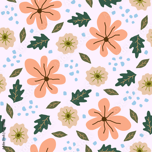 Seamless pattern hand drawn flowers and leaves floral in muted colors. Perfect for print on fabric textile, clothes, dress, wrapping, book cover, packaging, wedding invitation.