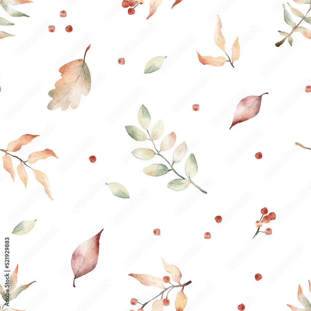 Watercolor hand drawn autumn seamless pattern with delicate illustration of colorful leaves of season trees, leaf fall, red berries. Elements isolated on white background.