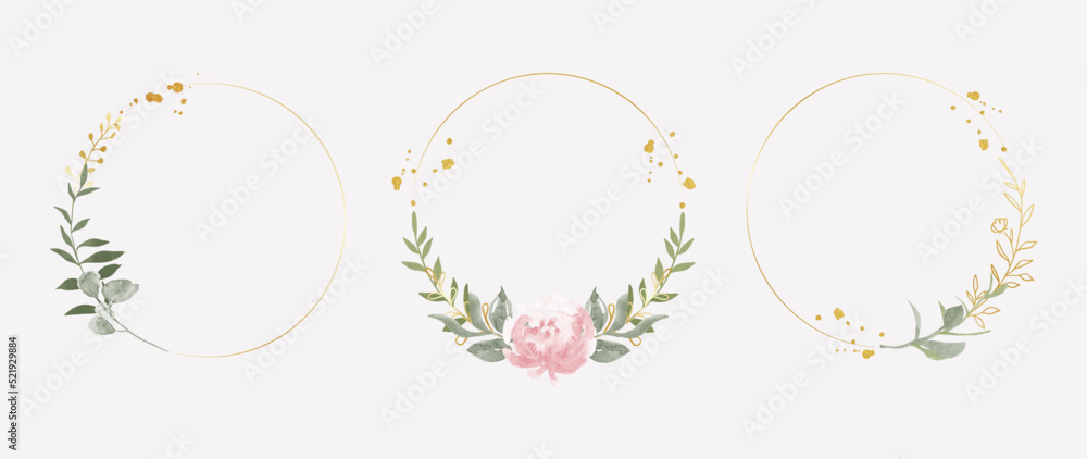 Luxury botanical gold wedding frame elements on white background. Set of  circle shapes, glitters, eucalyptus, leaf branches, flower. Elegant foliage  design for wedding, card, invitation, greeting. Stock Vector | Adobe Stock