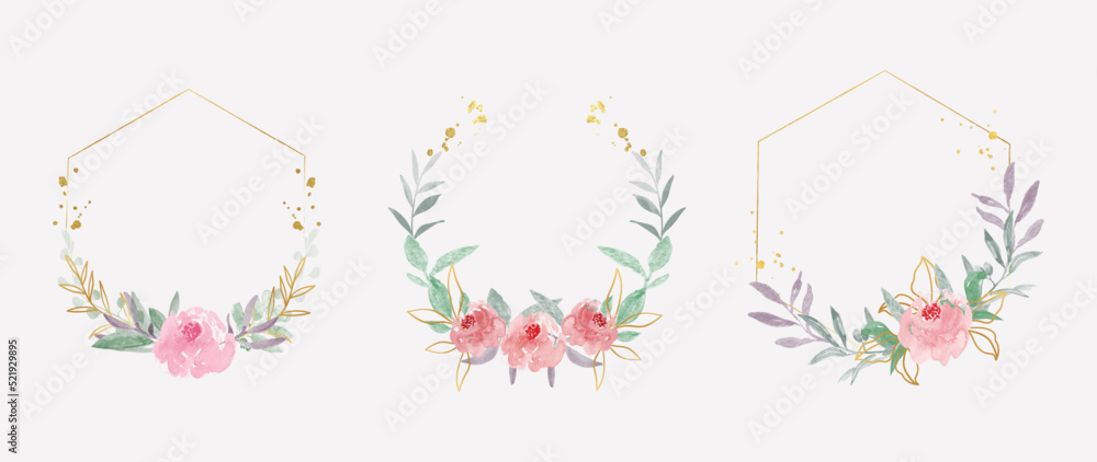 Luxury botanical gold wedding frame elements on white background. Set of geometric shapes, glitters, eucalyptus, leaf branches, flower. Elegant foliage design for wedding, card, invitation, greeting.