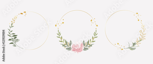 Luxury botanical gold wedding frame elements on white background. Set of circle shapes, glitters, eucalyptus, leaf branches, flower. Elegant foliage design for wedding, card, invitation, greeting.