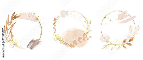 Luxury botanical gold wedding frame elements on white background. Set of circle shapes, glitters, eucalyptus, leaf branches. Elegant foliage design for wedding, card, invitation, greeting.