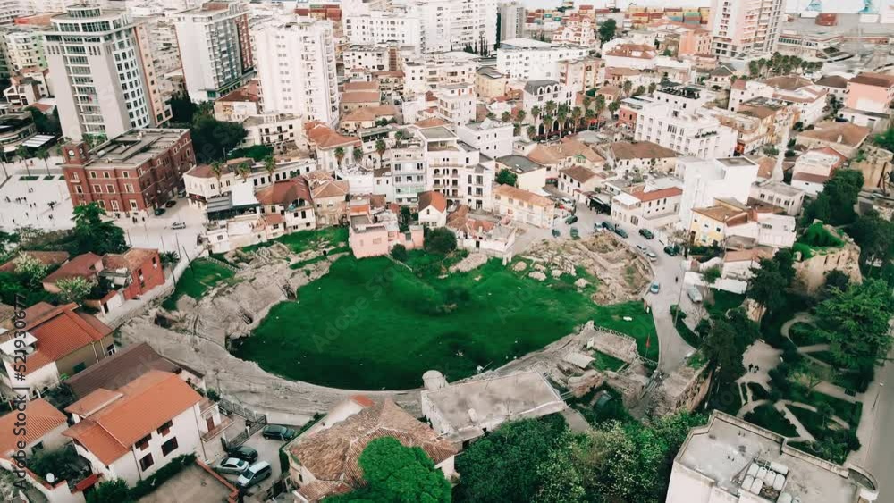 Aerial drone shot of the Roman Amphitheatre in Durres Aerial drone shot of the Roman Amphitheatre in Durres