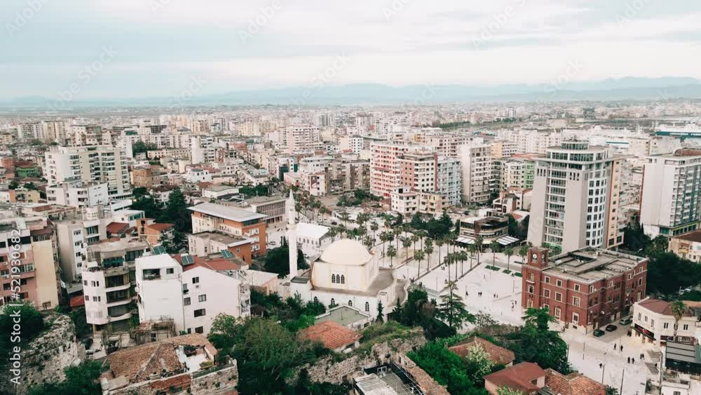 Amazing aireal drone view of the mosque and town of Durres Amazing aireal drone view of the mosque and town of Durres