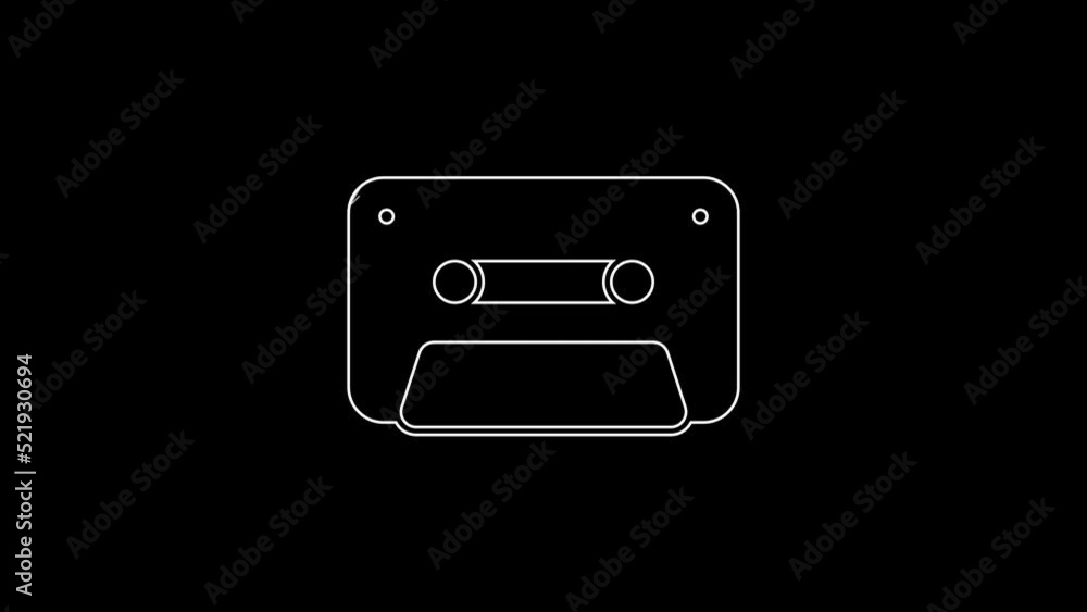 White line Retro audio cassette tape icon isolated on black background. 4K Video motion graphic animation