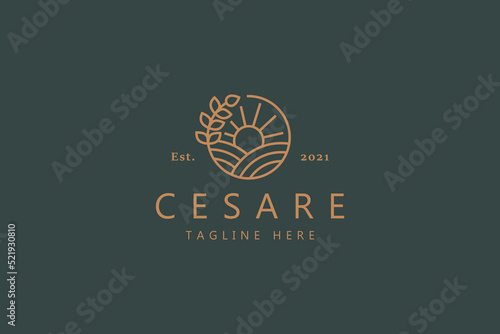 Nature Simple Line Style Logo. Sunrise, Ground, and Plant On The Circle. Premium Vector Badge Logo for Brand Company and Product.