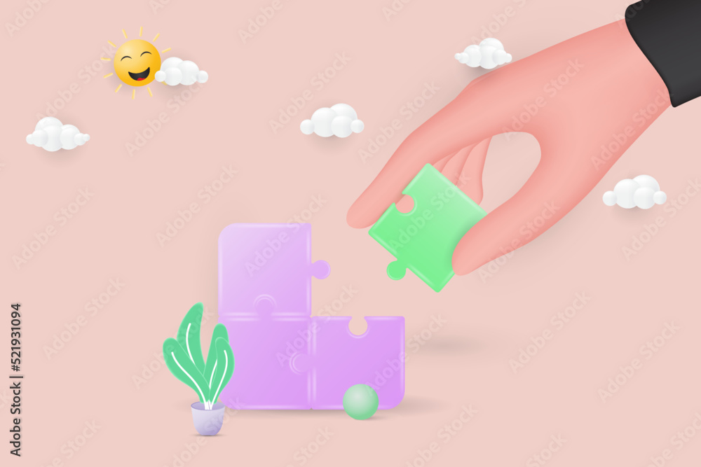 Human Hands connecting jigsaw puzzle. Symbol of teamwork, cooperation, partnership, Problem-solving, business concept. 3d vector illustration.