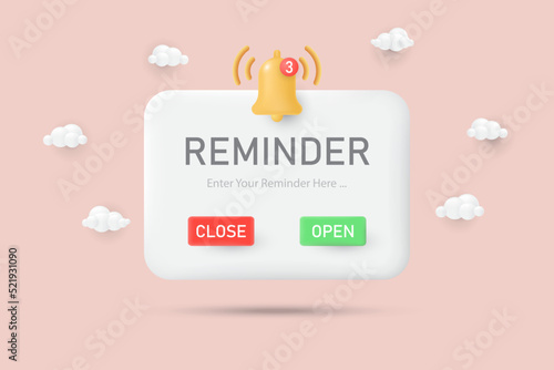 Reminder popup. Email marketing, online advertising concept. Notifications. Web banner. Concept web design, website page development. Calendar reminder. 3d vector illustration.