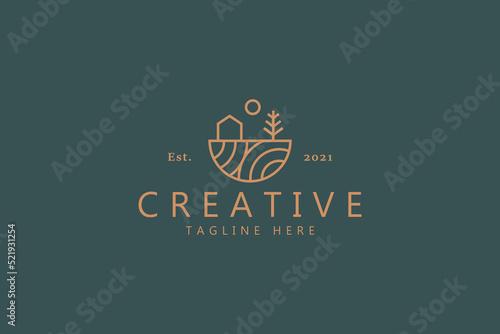 House Tree and Sun Illustration Simple Logo. Organic Life Style Branding Design Template Logo.