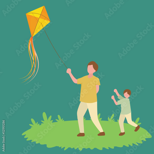 Simple Vector illustration background about young father and his son playing to fly kite up into the sky at outdoor field vector illustration. Happy family bonding concept. Modern design vector