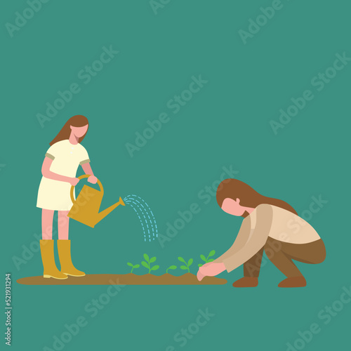 Simple Vector illustration background about young happy daughter help her mom watering the planted plant on ground vector illustration. Happy family parenting concept.Modern design vector illustration