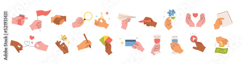 Hands holding various objects, hands expressing something. flat design style vector illustration.