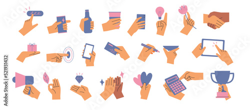 A collection of hands holding something or conveying information. flat design style vector illustration.