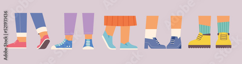 Feet of people in various shoes flat design style vector illustration.