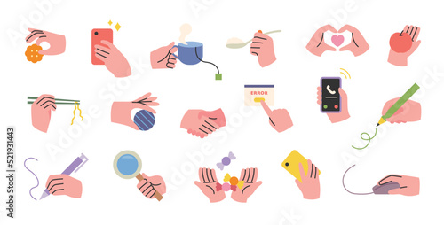 Collection of hand gestures related to various daily life. flat design style vector illustration.