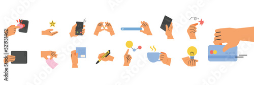 Collection of hands in various gestures. flat design style vector illustration.