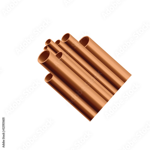 Copper cropped pipes of various diameters, 3D vector illustration isolated.