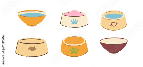 Pet bowl with food and water. Bowl for cat or dog for kibbles and water. Vector illustration in cute cartoon style