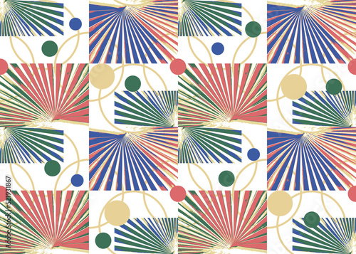 Colorful summer seamless pattern abstract background. Geo palm leaf, ring an circle in red,blue and green color on white background, for print covor table sheet picnic fabric wrapping cloth wallpaper