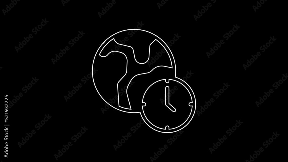 White line World time icon isolated on black background. 4K Video motion graphic animation White line World time icon isolated on black background. 4K Video motion graphic animation