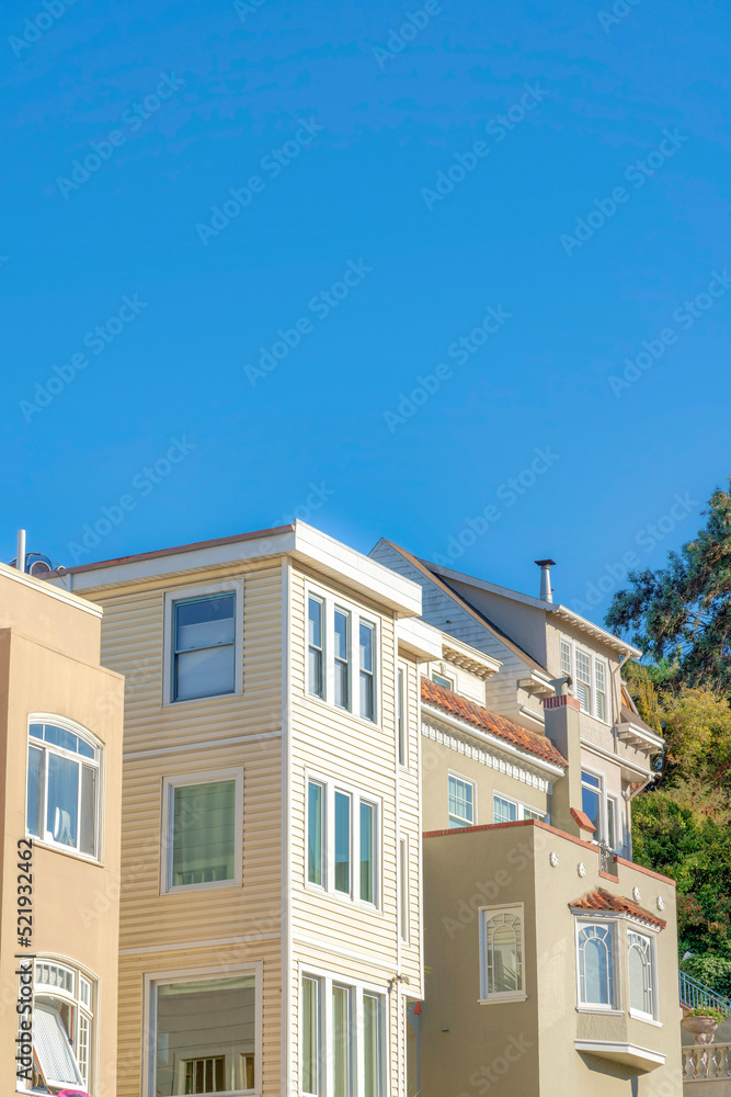 Fototapeta premium Multi-storey suburban houses with painted walls and wood sidings in San Francisco, California