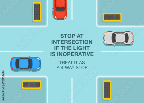 Safe driving tips and traffic regulation rules. Stop at intersection if the traffic light is inoperative, treat it as a 4-way stop. Top view of a crossroad. Flat vector illustration template.