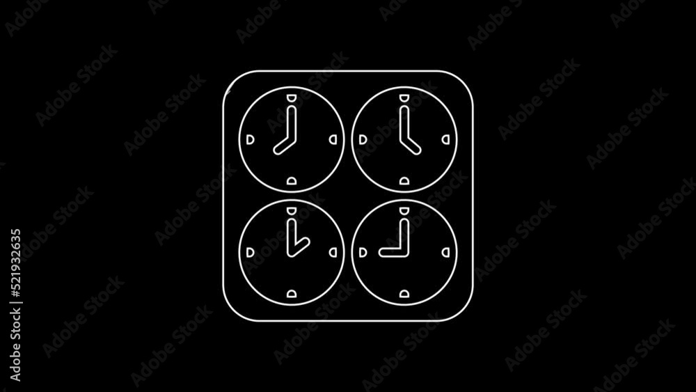 White line Time zone clocks icon isolated on black background. 4K Video motion graphic animation White line Time zone clocks icon isolated on black background. 4K Video motion graphic animation