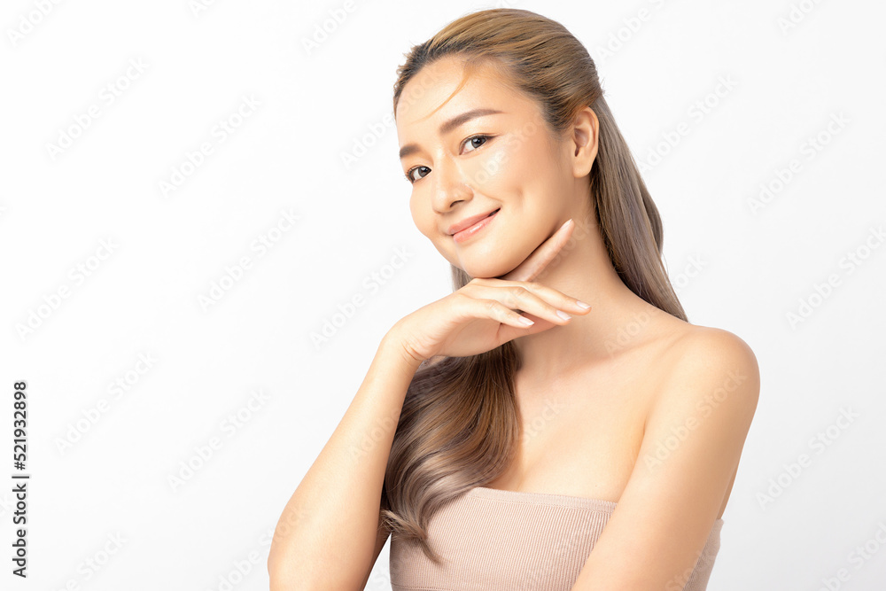 Happy beautiful young asian woman clean fresh bare skin concept. Asian girl beauty face skincare and health wellness, Facial treatment, Perfect skin, Natural make up. Isolated on white background. Happy beautiful young asian woman clean fresh bare skin concept. Asian girl beauty face skincare and health wellness, Facial treatment, Perfect skin, Natural make up. Isolated on white background.