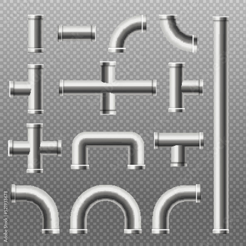Steel pipe collection in realistic vector illustration isolated on transparent